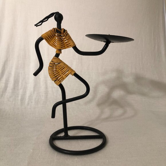 Tribal Art Candle Holder – Vintage Black Wrought Iron with Rattan Figure - Picture 4 of 6